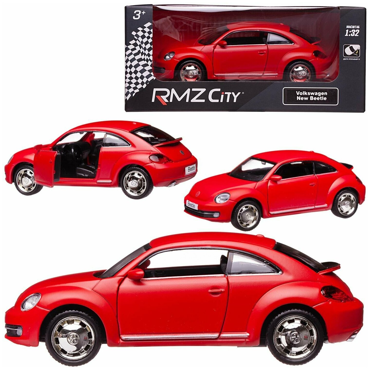 Машинка металлическая Uni-Fortune RMZ City серия 1:32 Volkswagen New Beetle 2012, инерционная, красный матовый цвет, двери открываются