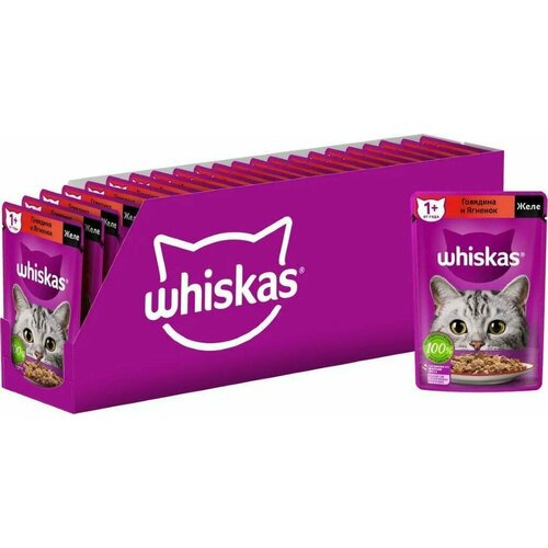 Корм консервированный полнорационный Whiskas для взрослых кошек желе с говядиной и ягненком 75г, 24 шт