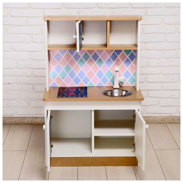 ZABIAKA Набор игровой мебели «Детская кухня», цвет корпуса бело-бежевый, цвет фасада бело-голубой, фартук ромб