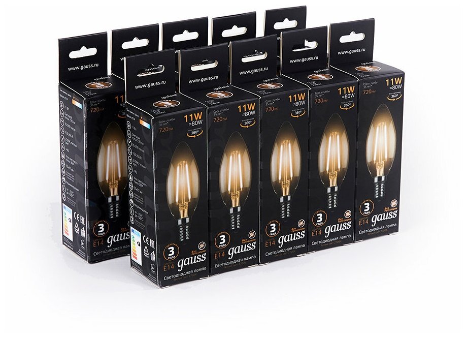 Упаковка ламп 10 штук Лампа Gauss LED Filament Свеча E14 11W 720lm 2700К 1/10/50