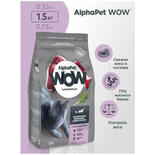 Сухой корм для кошек AlphaPet WOW Superpremium для взрослых домашних кошек и котов с уткой и потрошками 1.5 кг alphapet wow superpremium 1 5 кг сухой корм для взрослых домашних кошек и котов c говядиной и печень 82755 2 шт