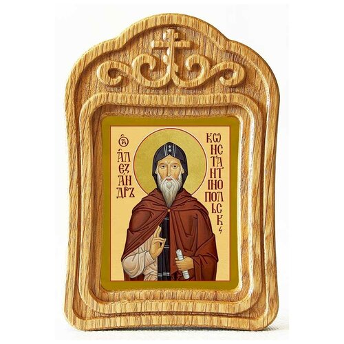 Преподобный Александр Константинопольский, икона в резной деревянной рамке