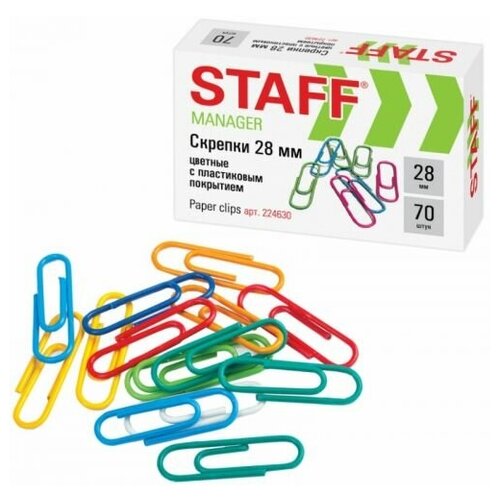 Скрепки STAFF Manager 224630 канцелярские, 28 мм, цветные, 70 шт, в картонной коробке