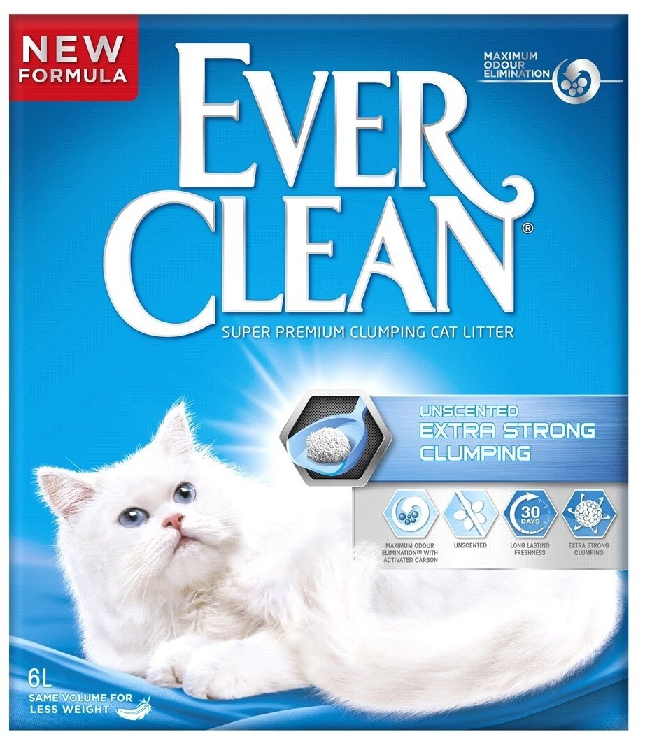 EVER CLEAN EXTRA STRONG CLUMPIN UNSCENTED наполнитель комкующийся для туалета кошек без ароматизатора голубая полоска (6 л)