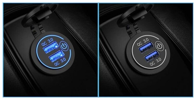 Розетка 2xUSB в прикуриватель встраиваемая (врезная) с быстрой зарядкой RECXON UFC-02, зеленая подсветка — фото 1