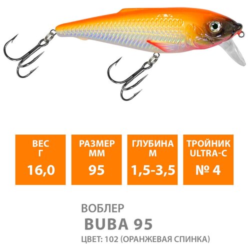 воблер для рыбалки aqua buba 95mm цвет 102 1 штука Воблер для рыбалки плавающий AQUA Buba 95mm 16g заглубление от 1.5 до 3,5m цвет 102