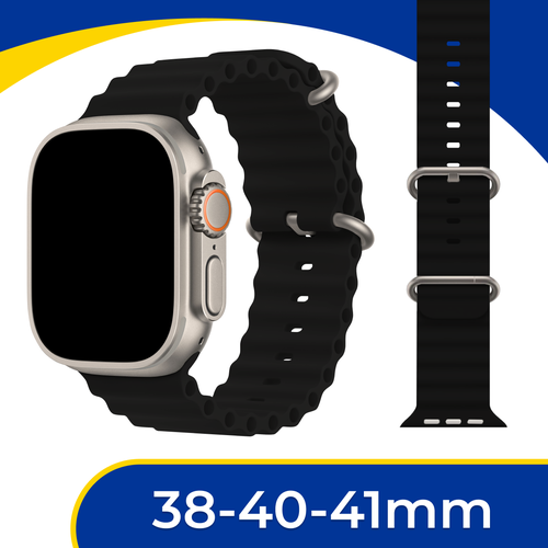 Силиконовый ремешок Ocean Band на смарт часы Apple Watch 1-9, SE, 38-40-41 мм / Сменный браслет для Эпл Вотч 1, 2, 3, 4, 5, 6, 7, 8, 9, СЕ / Черный тачскрин для watch s2 3 38mm