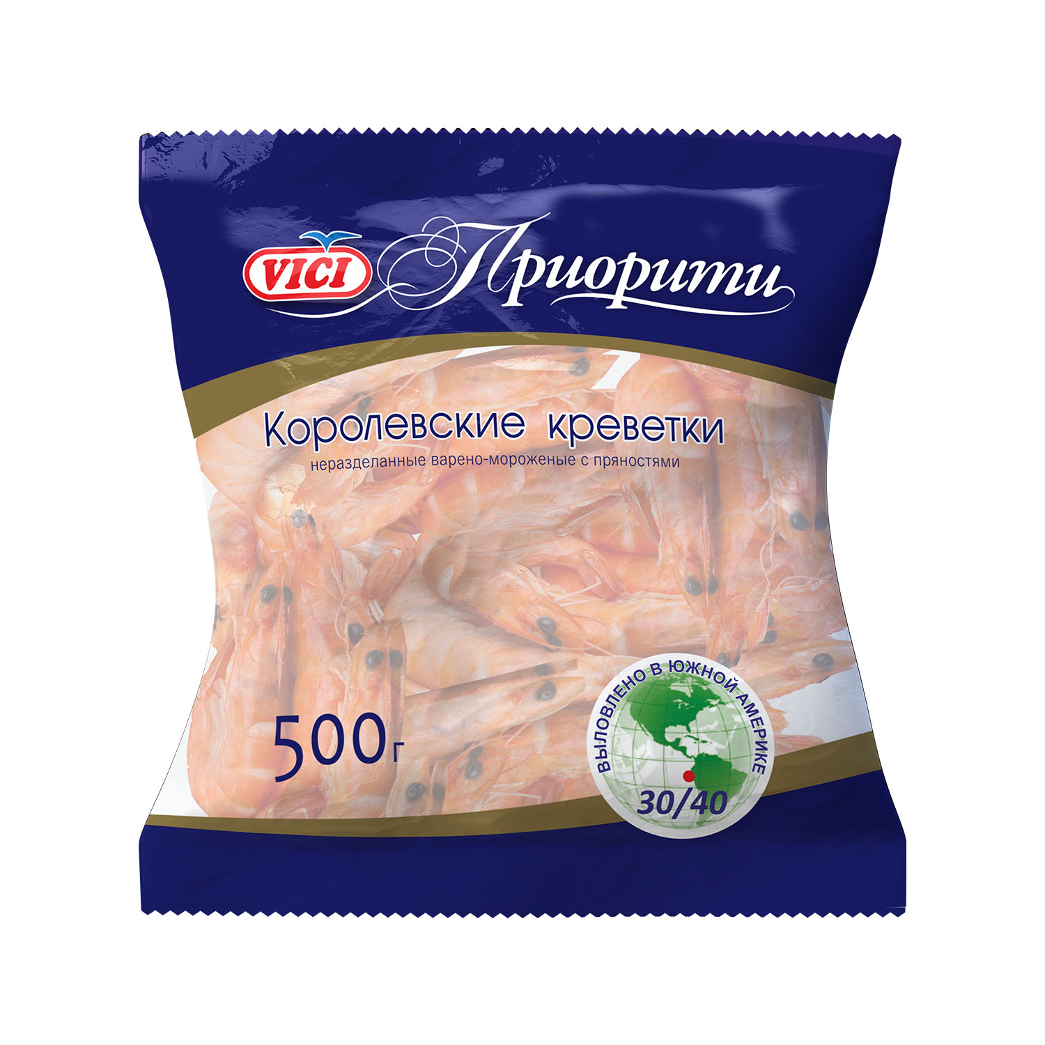 Креветки Vici Королевские 30/40 в панцире варено-мороженые