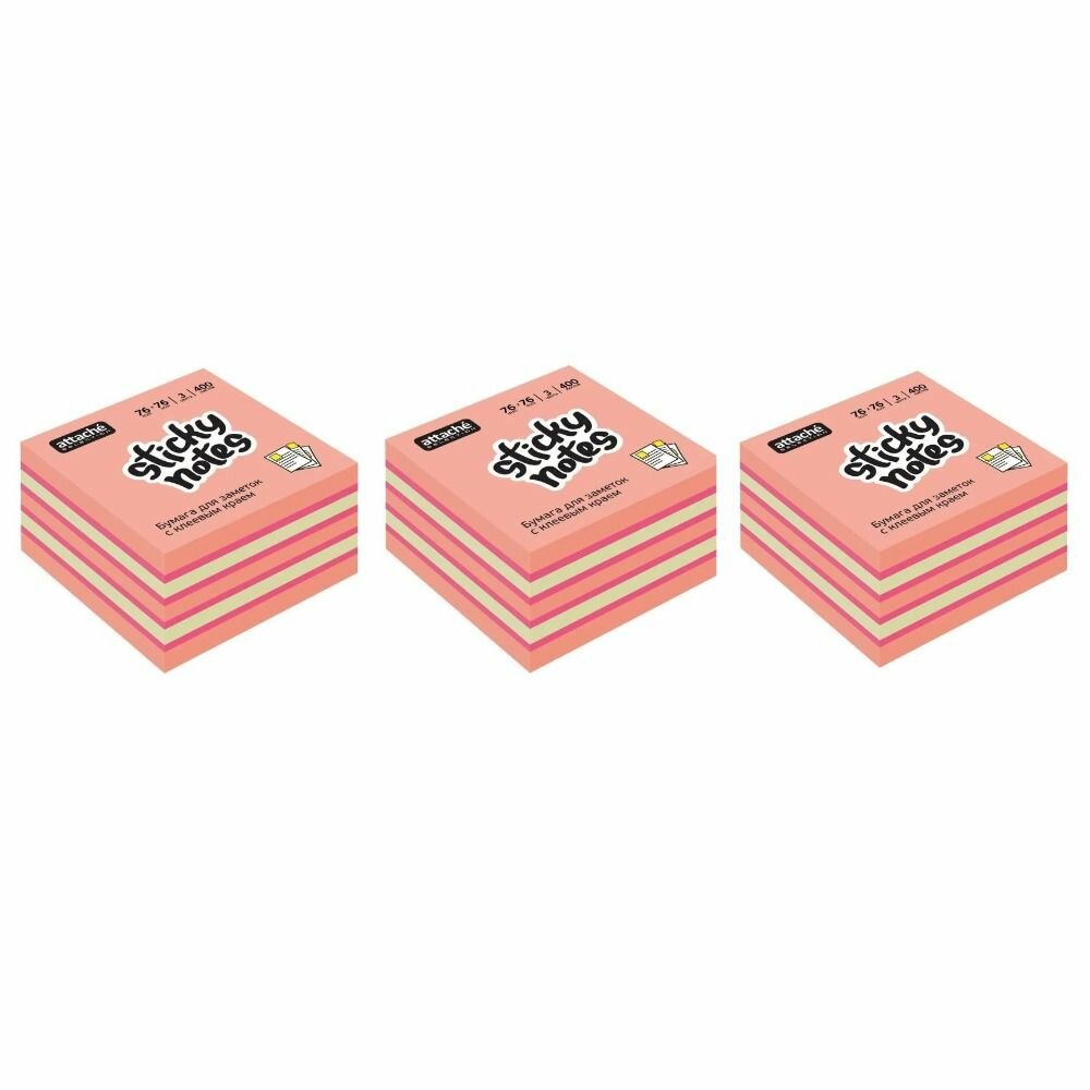 Attache Selection Стикеры куб, 76х76, розовый, 400 л, 3 шт