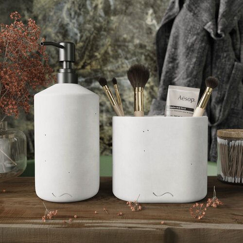 Изображение товара Набор для ванной Astrid 18 (дозатор для жидкого мыла 0,4 л, двойной стакан для зубных щёток) бетон, белый матовый