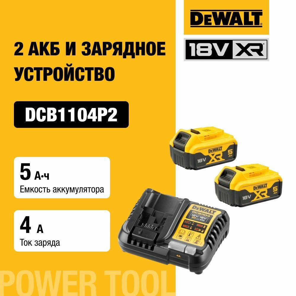 Набор DEWALT: 2 АКБ DCB184, Li-Ion, 18 В, 5 Ач и зарядное устройство DCB1104, 12/18 В, 4 A, DCB1104P2