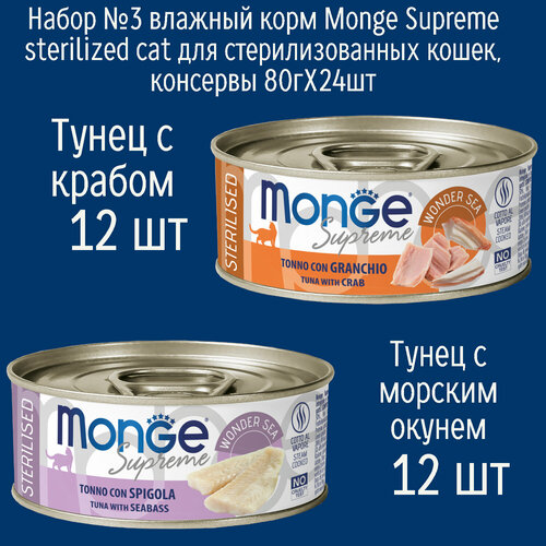 Набор №3 Влажный корм Monge Supreme Sterilised для стерилизованных кошек, консервы 24шт по 80гр (2 вкуса по 12шт)