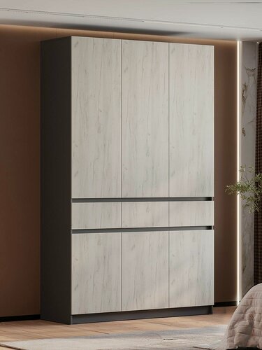 Изображение товара Распашной шкаф для одежды и хранения вещей Багира Миди с полками, с ящиками, со штангой для одежды, 150.2х51х238.4 см, Графит / Крафт белый