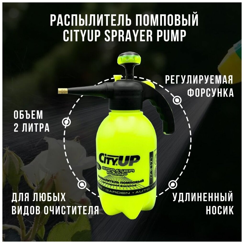 Опрыскиватель помповый, распылитель CityUP Sprayer Pump, 2 литра, удлиненный носик, регулируемая форсунка