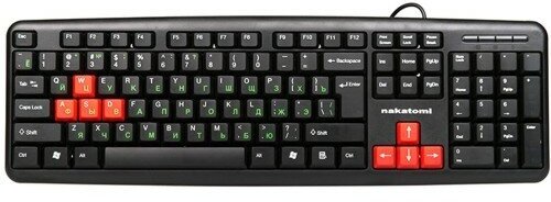 Клавиатура Nakatomi KN-02U Navigator black-red, стандартная, красные игровые клавиши, чёрная