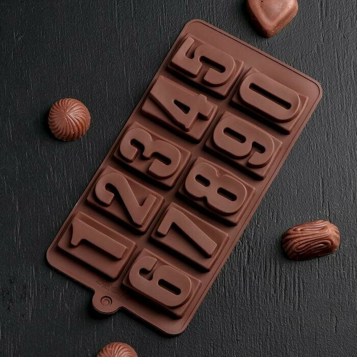 Форма для льда, шоколада и кондитерских украшений "Цифры", 20х11 см, 10 ячеек, цвет шоколадный