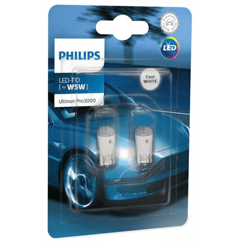 фото Лампа автомобильная philips ultinon pro3000 led t10 w5w 12v-led 0,6w (w2,1x9,5d) 6000k, 2шт, 11961u30cwb2