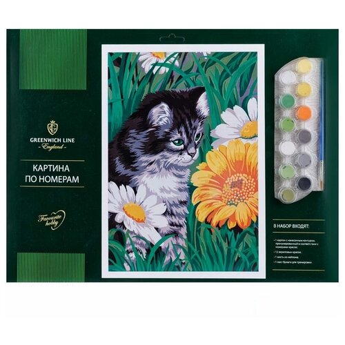 фото Картина по номерам greenwich line "котик в цветах" a3, с акриловыми красками, картон, европодвес