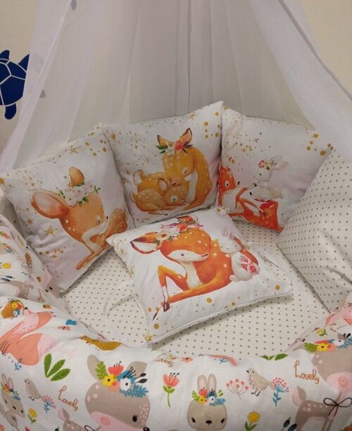 Постельное белье детское в кроватку и бортики защитные, для новорожденного комплект Лесные жители (серый горох)