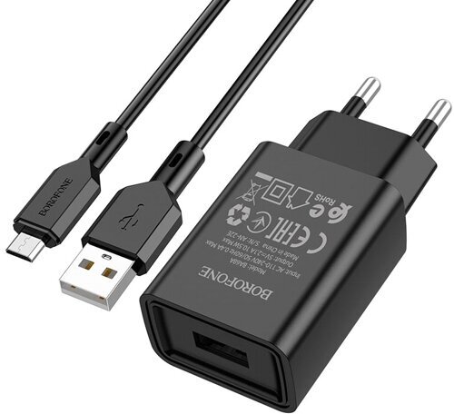 Сетевой адаптер питания Borofone BA68A Glacier Black зарядка 2.1А 1 USB-порт + кабель microUSB, черный