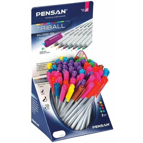 Ручка шариковая масляная PENSAN Triball Colored, яркие цвета ассорти, дисплей, 1003/S60R-8
