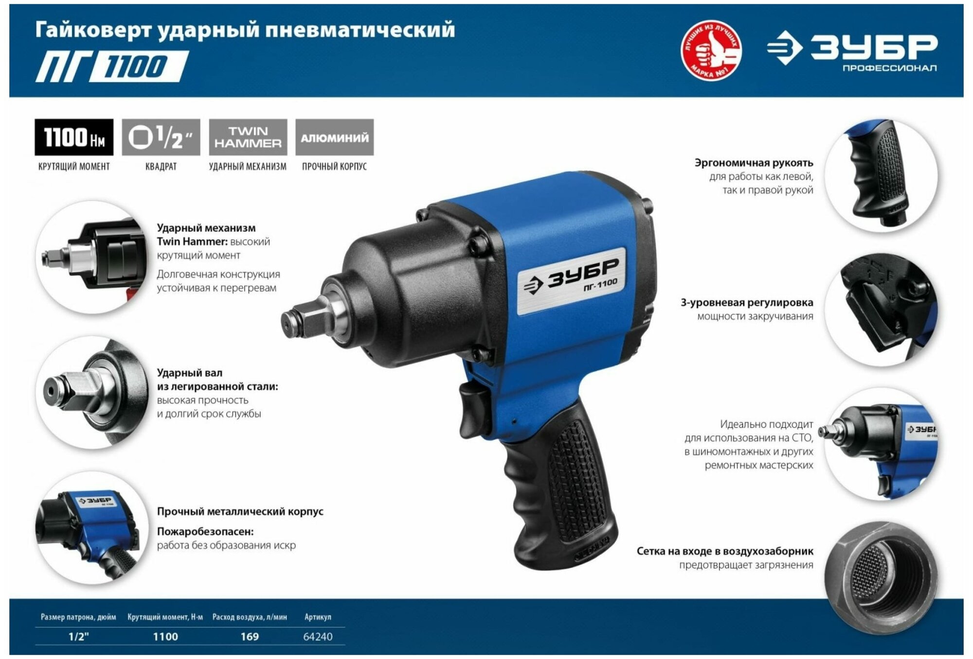 Пневмогайковерт ударный ЗУБР ПГ-1100