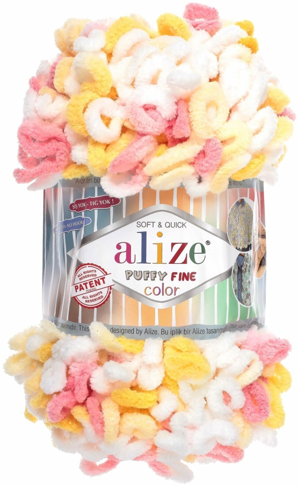 Пряжа Alize Puffy fine color белый-желтый-коралл-шампанское (5942), 100%микрополиэстер, 14,5м, 100г, 1шт