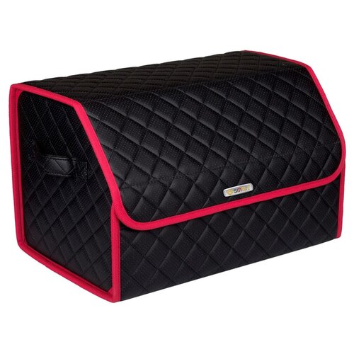 фото Сумка-органайзер в багажник автомобиля из перфорированной экокожи черная с черной нитью vicecar c логотипом smart (красный кант)