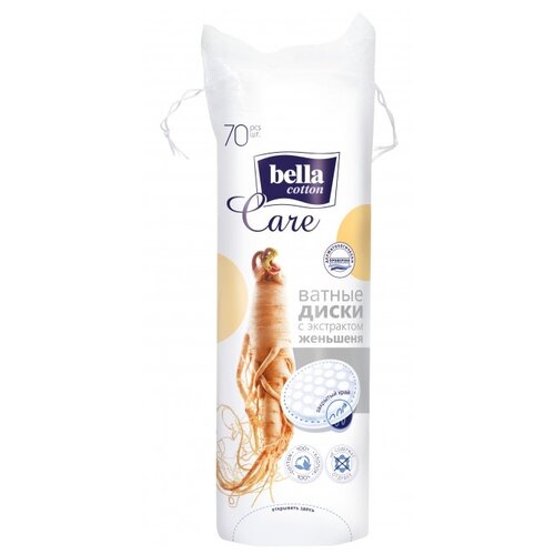 Ватные диски Bella Cotton Care прошитый край с экстрактом женьшеня, белый, 70 шт., пакет