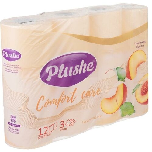 Туалетная бумага Plushe Comfort care, 12 рулонов, 3 слоя туалетная бумага цветная с тиснением 3 слоя 4 рулонов 10 шт