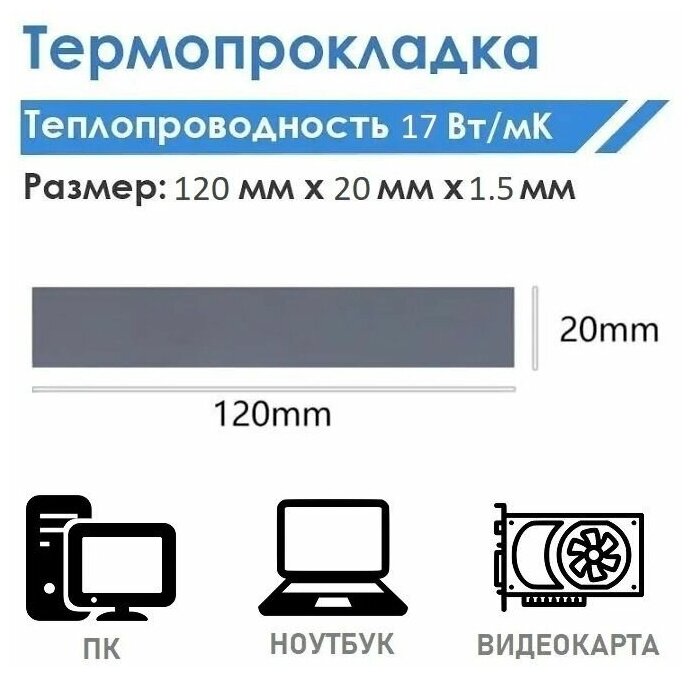 Термопрокладка серая теплопроводностью 17 Вт/mk 120x20x1.5 мм/Термопрокладки для ПК