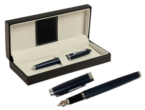 Ручка подарочная перьевая в кожзам футляре ПБ IM, корпус синий с серебром