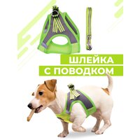Шлейка для собак и кошек Boomshakalaka, со светоотражающими элементами, с поводком 120 см, размер L(обхват 48-54 см), вес до 12 кг, цвет желто-зеленый