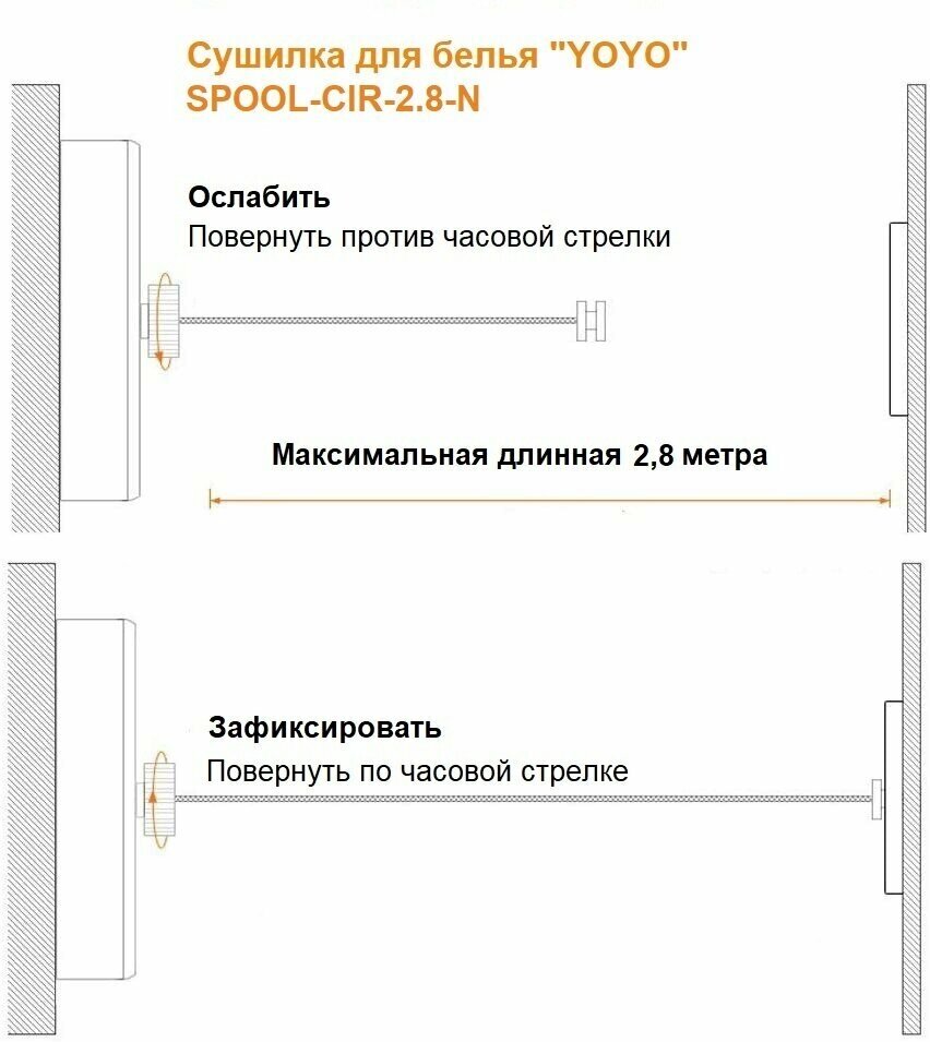 Cушилка для белья "YOYO" 2,8м , настенная, тросик из нейлона с фиксатором, регулируемой/автоматической функцией намотки. для отелей, гостиниц, дома. - фотография № 7