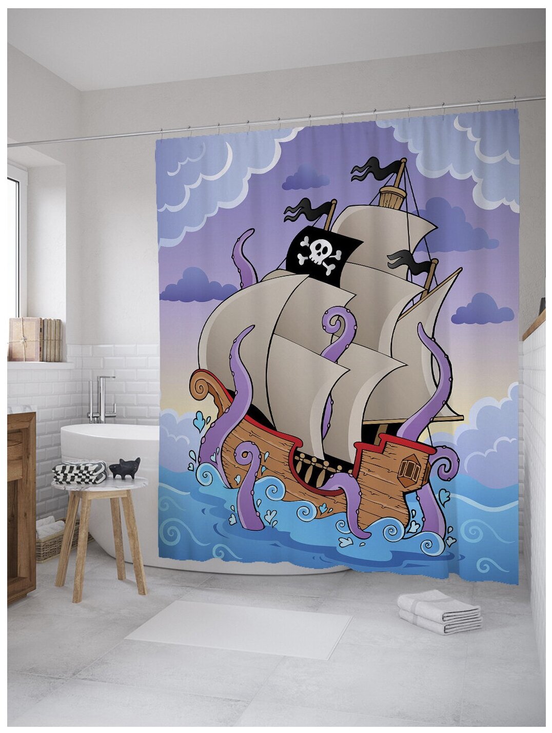 Штора для ванной JoyArty "Пиратский корабль с осьминогом" занавеска в ванную комнату из сатена, 180х200 см с крючками - фотография № 7