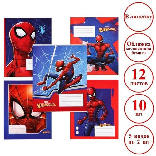 Комплект тетрадей из 10 шт Человек-паук, 12 листов, в линейку, обложка бумага мелованная,