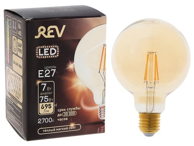 Лампа светодиодная REV LED FILAMENT VINTAGE, G95, 7 Вт, E27, 2700 K, шар, теплый свет