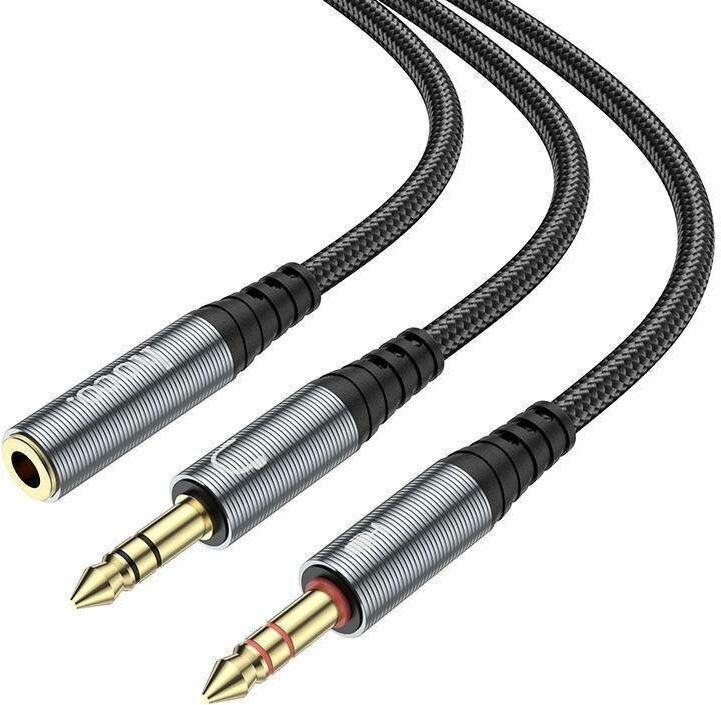 Аудио-кабель Hoco разветвитель для наушников и микрофона 2 в 1 / черный/серый