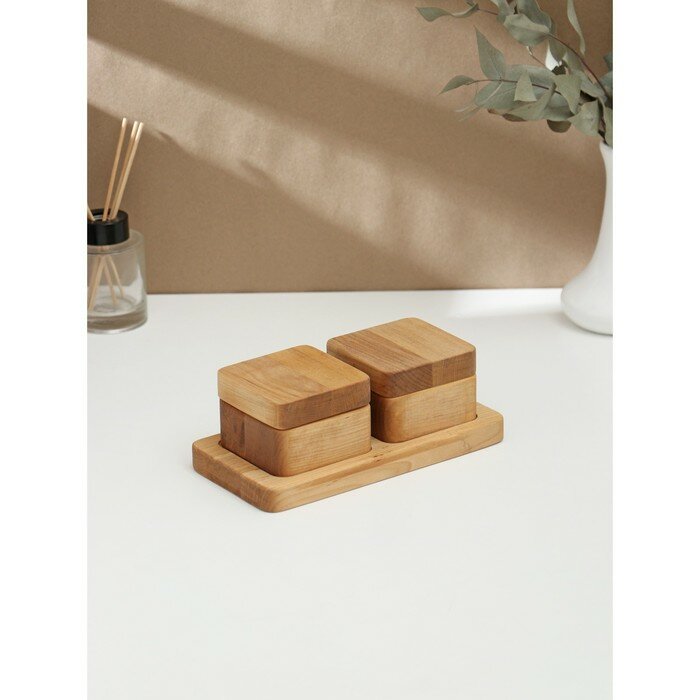 фото Набор для специй Adelica, 2 банки с крышкой на подставке, 20×10×1.8 см, берёза