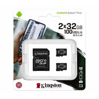 Карта памяти Kingston MicroSDHC 32GB Canvas Select Plus 100 МБ/с U1 A1, 2 шт. + адаптер