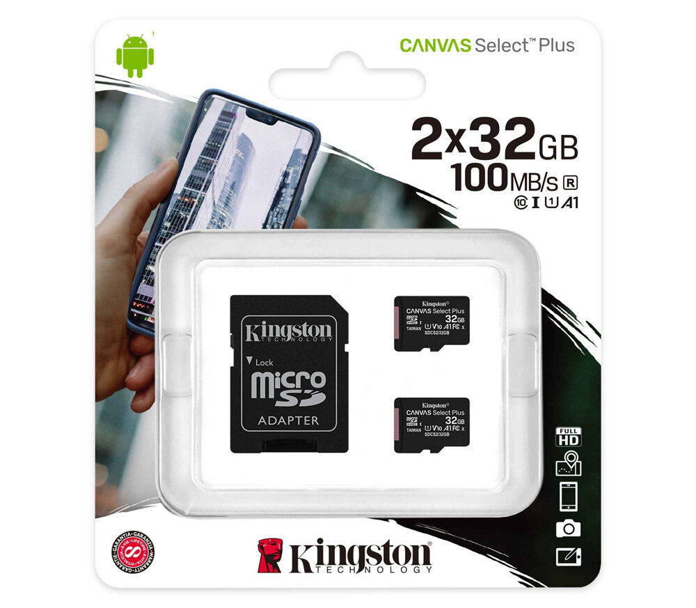 Карта памяти Kingston MicroSDHC 32GB Canvas Select Plus 100 МБ/с U1 A1, 2 шт. + адаптер