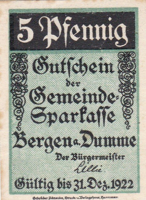 Германия (Веймарская Республика) Берген 5 пфеннигов 1922 г. (2)