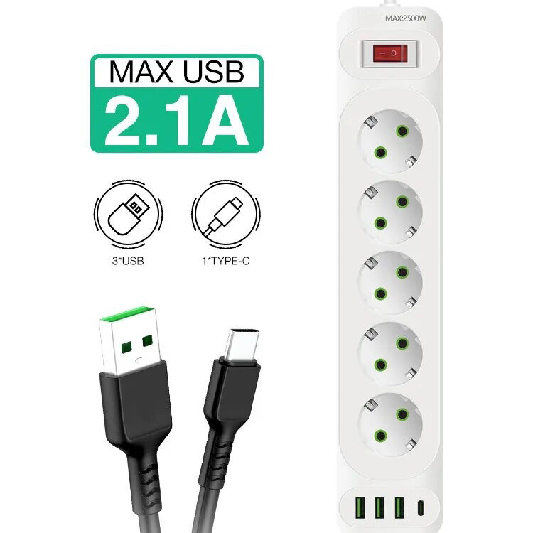 Сетевой фильтр удлинитель/с переключателем на 5 розетки и 3 входа для USB/ USB type-c/тройник/для дома/удлинитель/с выключателем — фото 4