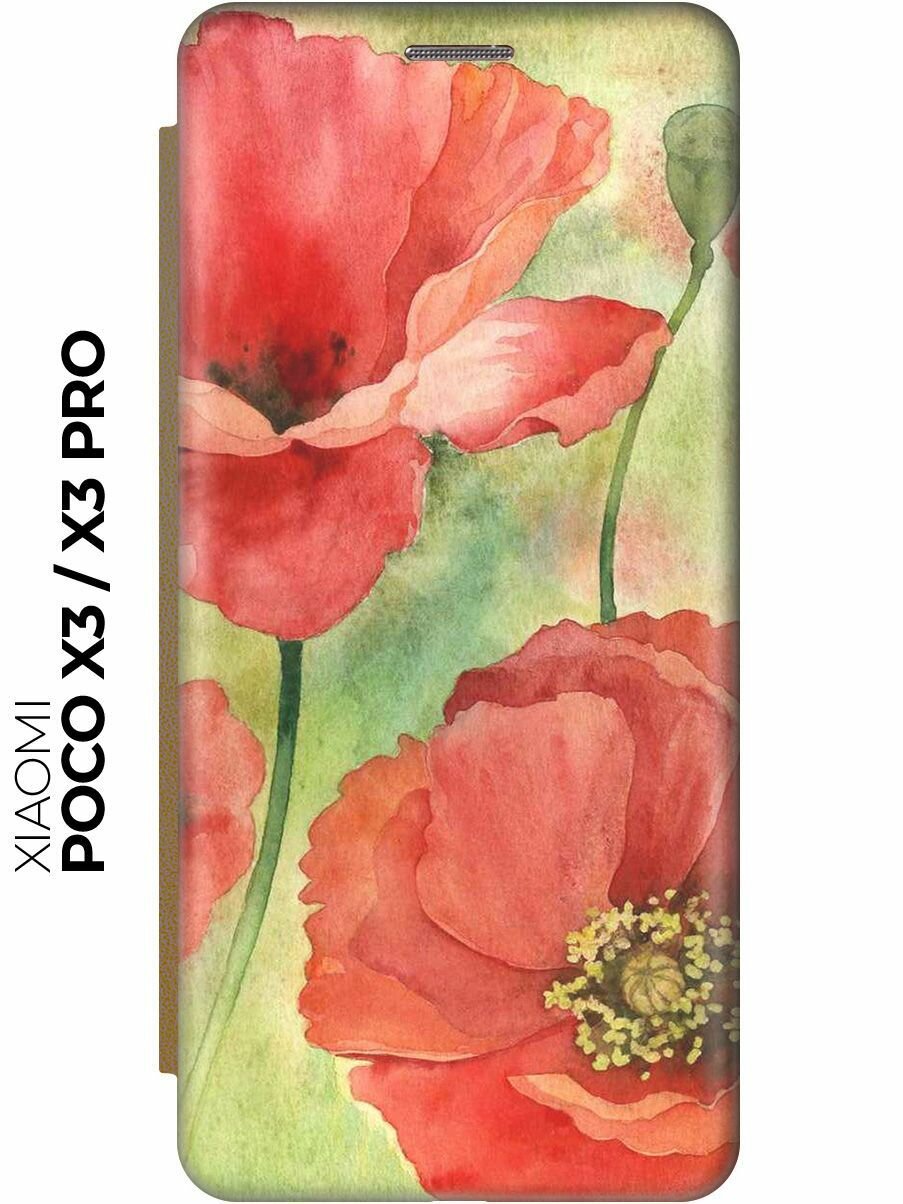 Чехол-книжка Алые маки на Xiaomi Poco X3 / X3 Pro / Сяоми Поко Х3 / Х3 Про золотой