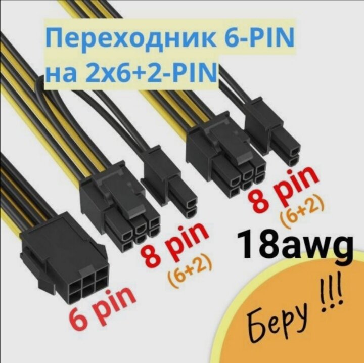 фото Переходник питания для видеокарты 6PIN на 2 по 8(6+2)PIN (20см+20см) / 8-контактный GPU кабель разветвитель удлинитель питания для майнинга