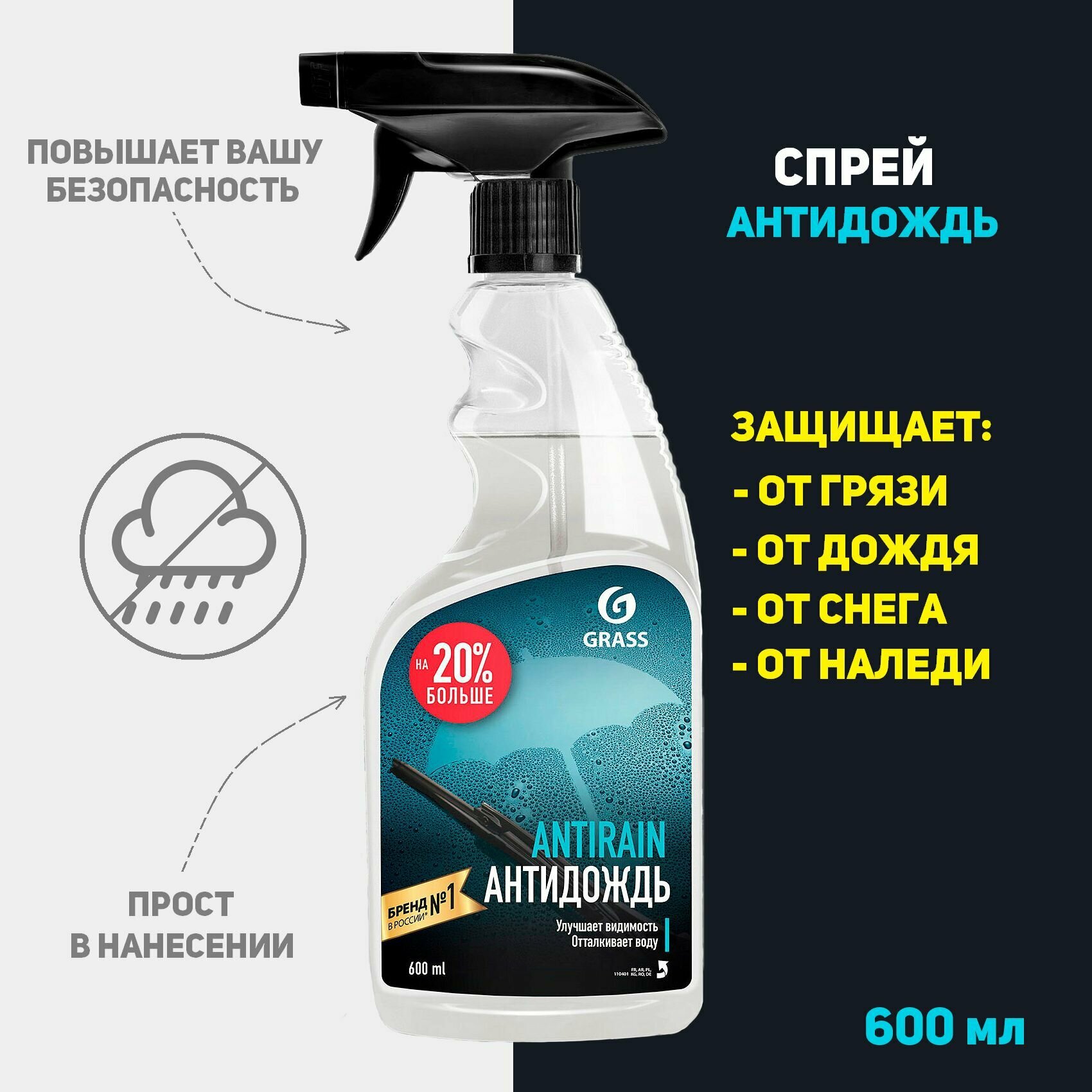 Средство для стекол и зеркал "Antirain" (флакон 600 мл) Grass - фото №13