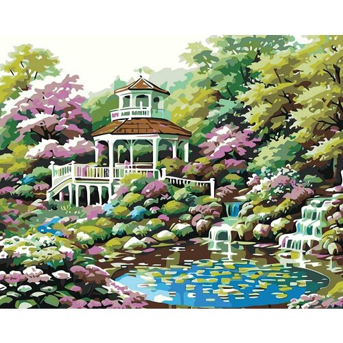 Картина по номерам Природа пейзаж с беседкой в цветущем саду