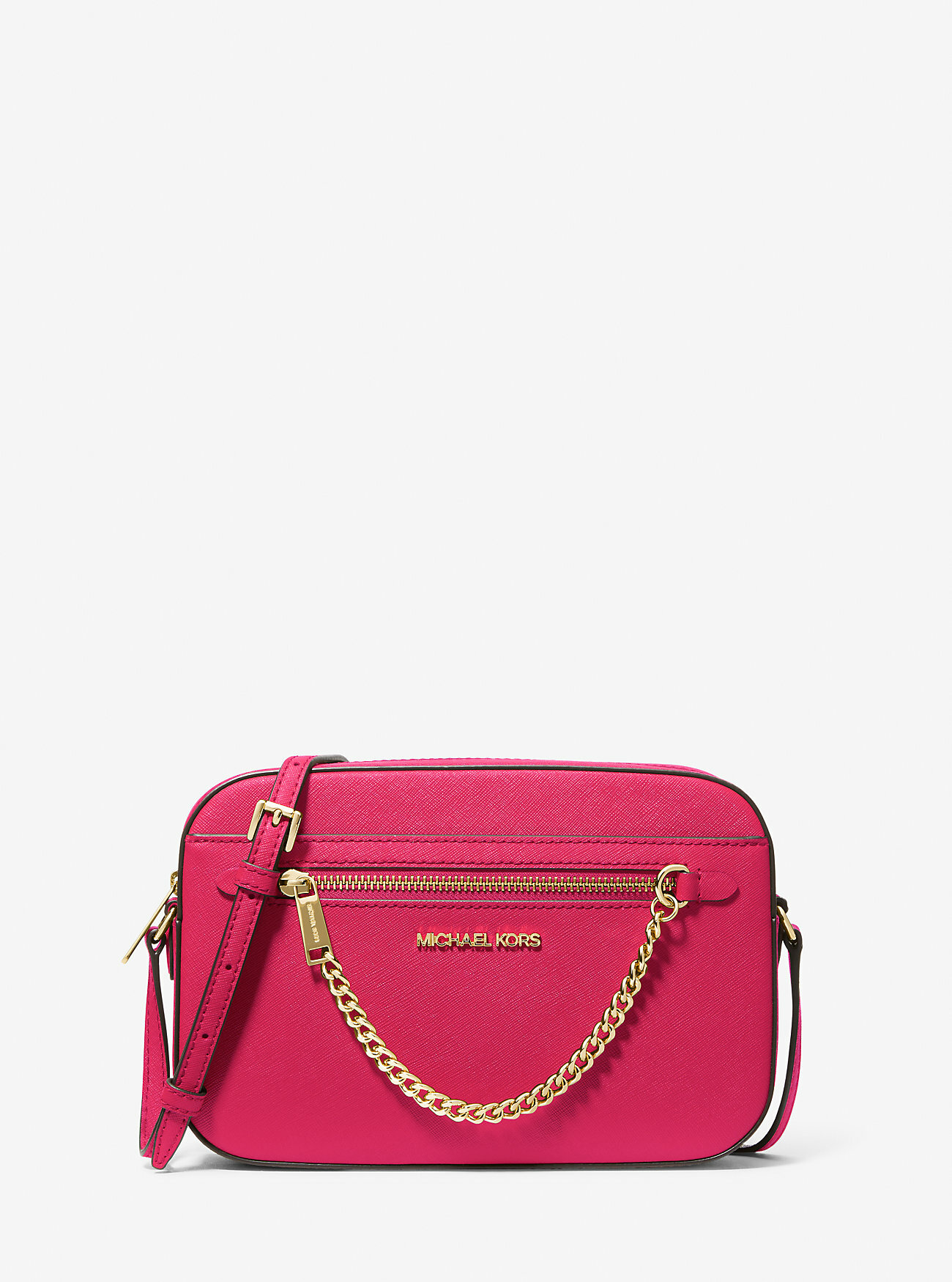 фото Женская классическая прямоугоьная сумка розово-электрического цвета с золотой фурнитурой и цепью Michael Kors Logo Jet Set Large Saffiano Leather Crossbody Bag ELECTRIC PINK 35S1GTTC7LP