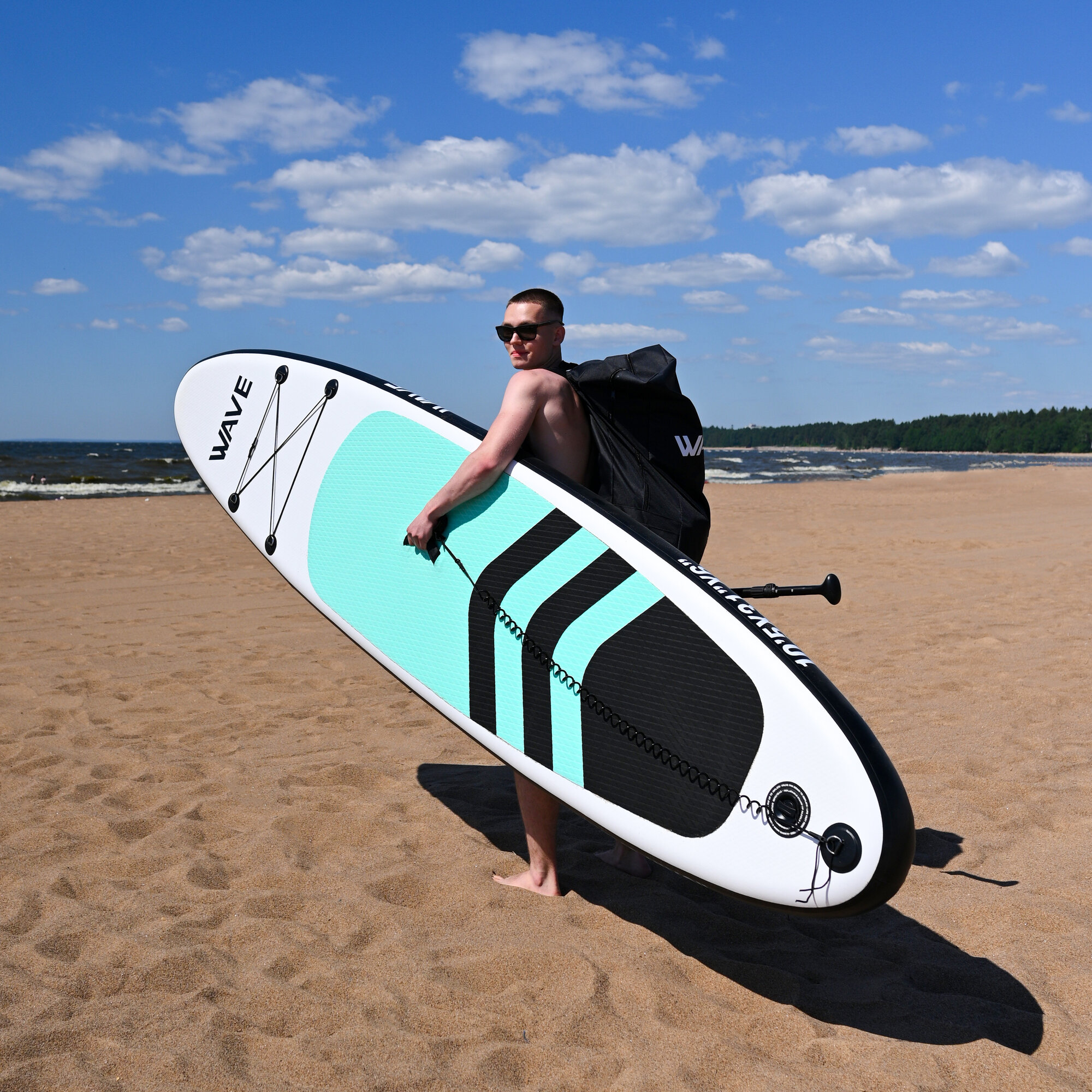 SUP board WAVE надувной бирюзовый 10,5'x31"x6" см для серфинга и сапбординга в полном комплекте SUP board WAVE надувной — фото 1