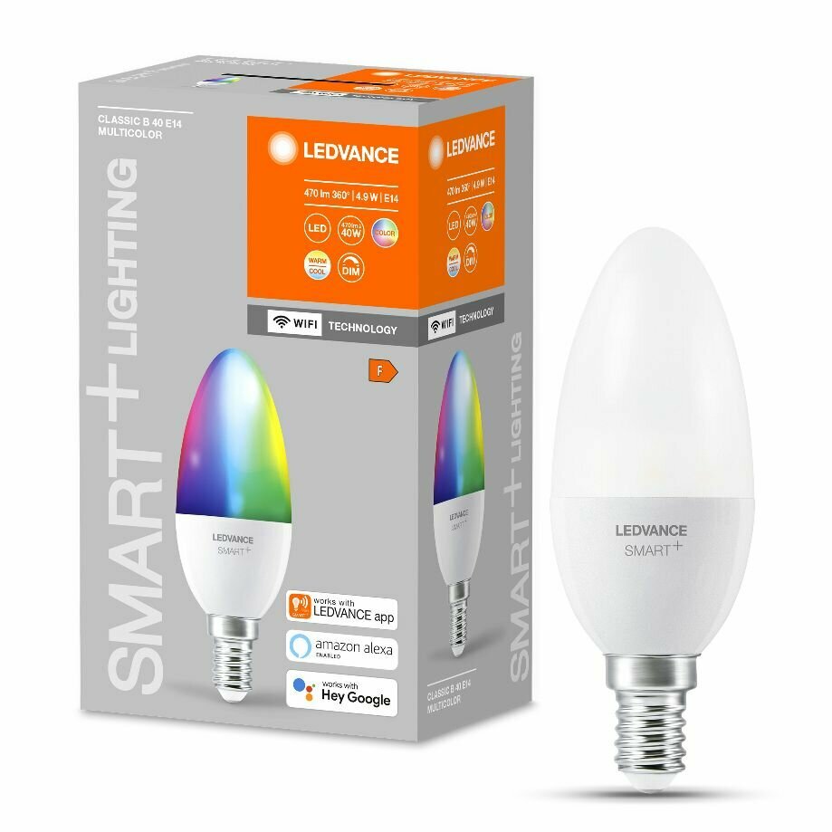 Лампа диммируемая светодиодная LEDVANCE SMART+ WiFi Candle, 470лм, 5Вт замена 40Вт, RGBWК мультицвет, цоколь E14